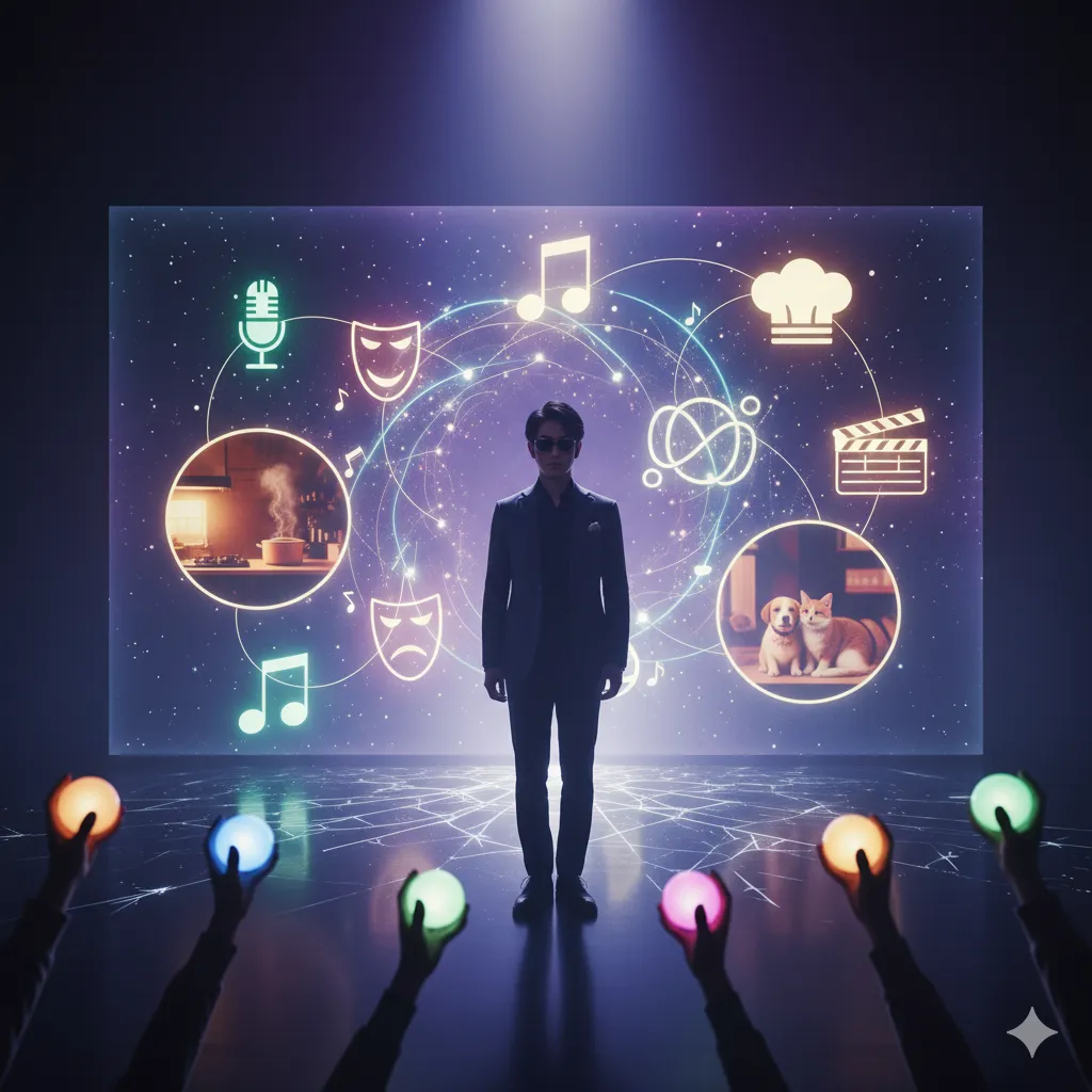 一人の日本人男性がステージ中央に立ち、背後の巨大スクリーンには彼の多彩な才能と人生を示すアイコンが描かれている。歌、ダンス、演技、料理、ペットの犬と猫、そして家族を象徴するイメージが、星空のような背景に光り輝くネットワークで結ばれている。観客の手が色とりどりの光る棒を持ち、彼に注目している。