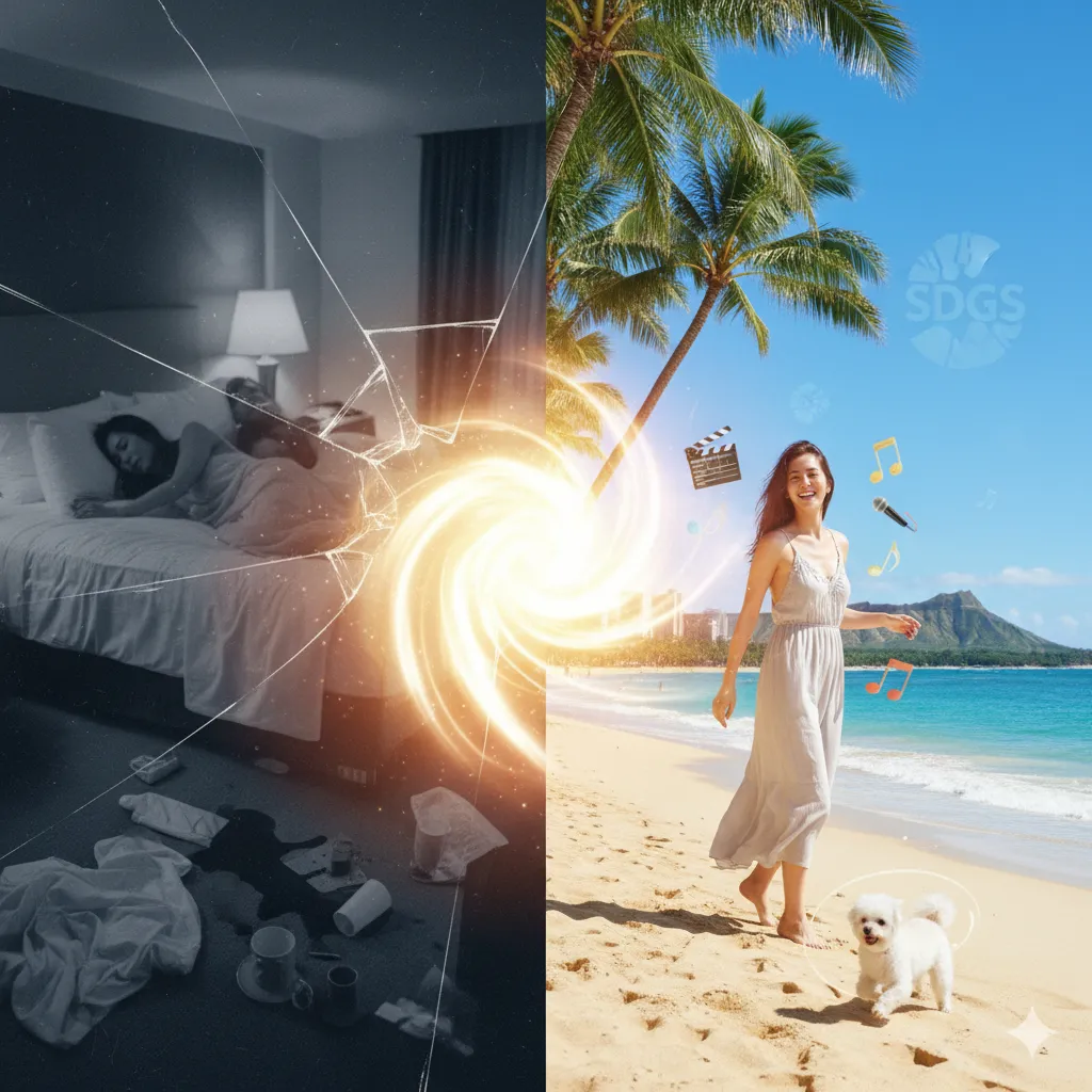 左側は荒れた部屋で無防備に寝ている女性のモノクロ写真で、ひび割れたガラス越しに見える。右側は、光り輝くポータルを挟んで、犬と楽しそうにビーチを歩く女性のカラフルな写真。背景にはヤシの木、海、ダイヤモンドヘッドが見え、映画カチンコ、音符、マイク、SDGSロゴが浮かんでいる。