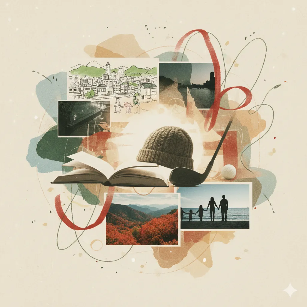 家族の絆を象徴するコラージュ。開かれた本、手作りの帽子、ゴルフ用品、家族のシルエット、移り変わる風景のスケッチや写真が、温かい色彩と抽象的な線で配置されている。