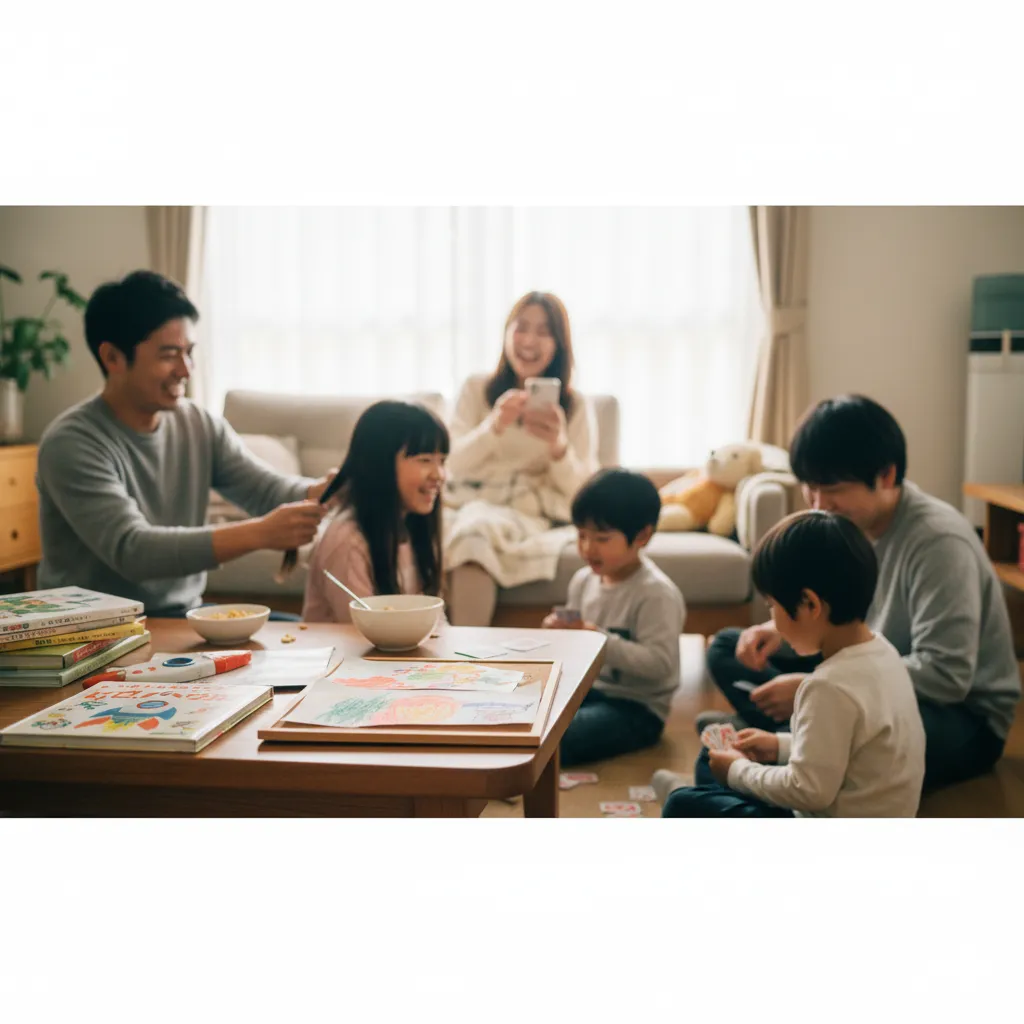 リビングでくつろぎながら笑顔で過ごすステップファミリーの様子。父親は娘の髪をとかし、母親はソファでスマートフォンを見ている。子供たちは床に座ってトランプや絵を描いて遊んでいる。テーブルには絵本や食器が置かれ、部屋全体は明るく温かい雰囲気。