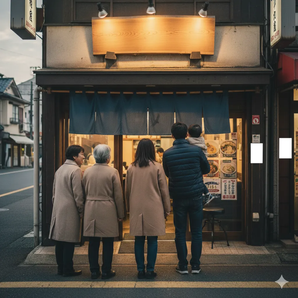: 家族がラーメン店の前に立つ後ろ姿。店は夕暮れ時で、温かい光が漏れている。