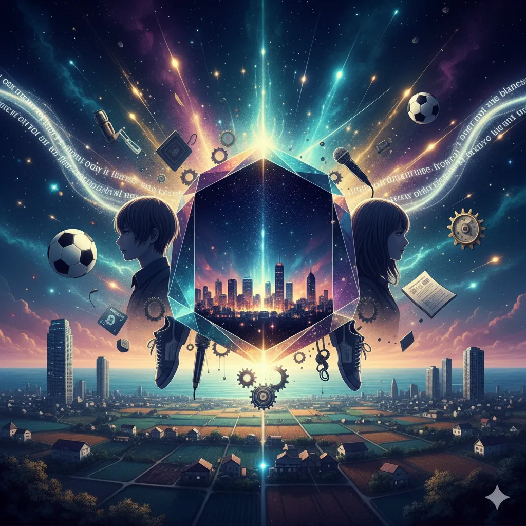 宇宙空間に浮かぶきらめく多面体の中に都市の夜景が広がり、その両側には横顔の人物シルエット、サッカーボール、マイク、革靴、書類、歯車などの多様な要素が抽象的に配置されている。全体的に明るい光が放射され、輝かしい未来や多才な才能が表現された、希望に満ちた幻想的なアートワーク。