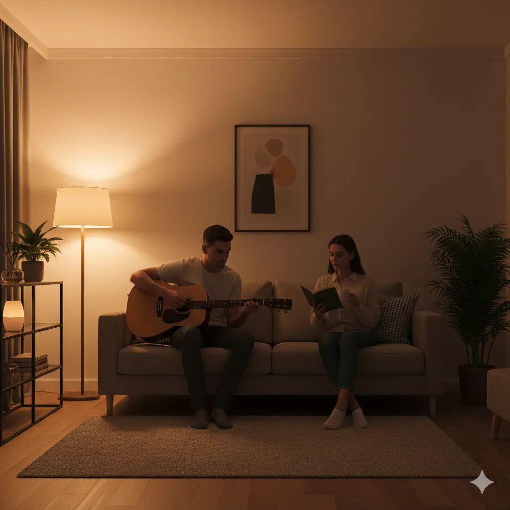 間接照明の中で、ソファに座ってギターを弾く男性と本を読む女性。穏やかでリラックスした空間が広がっています。