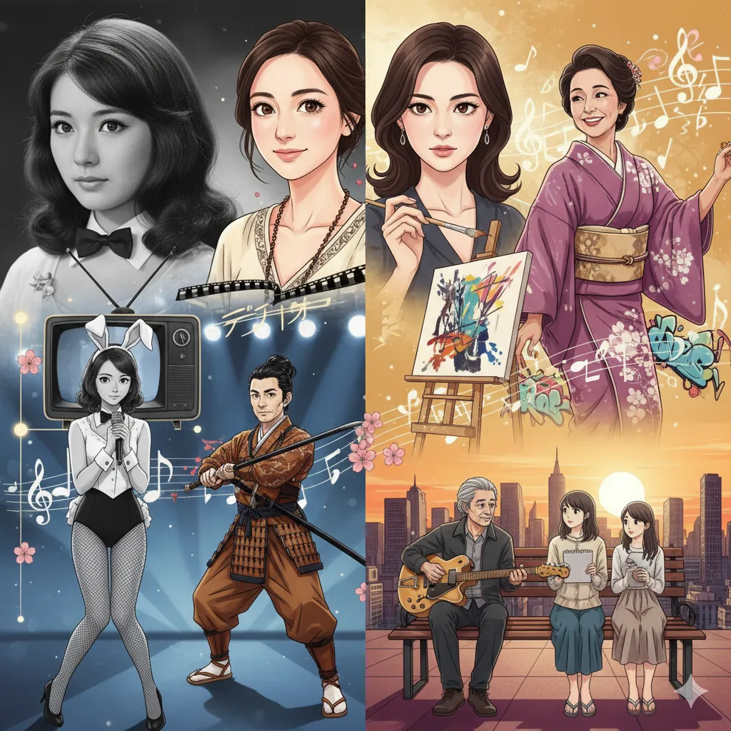 : 若い頃から現在に至るまで、女優の輝かしいキャリア、家族との温かい生活、そして芸術への情熱を描いたモンタージュ。左上はデビュー当時の清純なイメージ、左下はバニーガール姿でのパフォーマンスと凛々しい着物姿、右上は絵画を描く姿と着物姿、右下は夫と娘たちとの穏やかな日常。