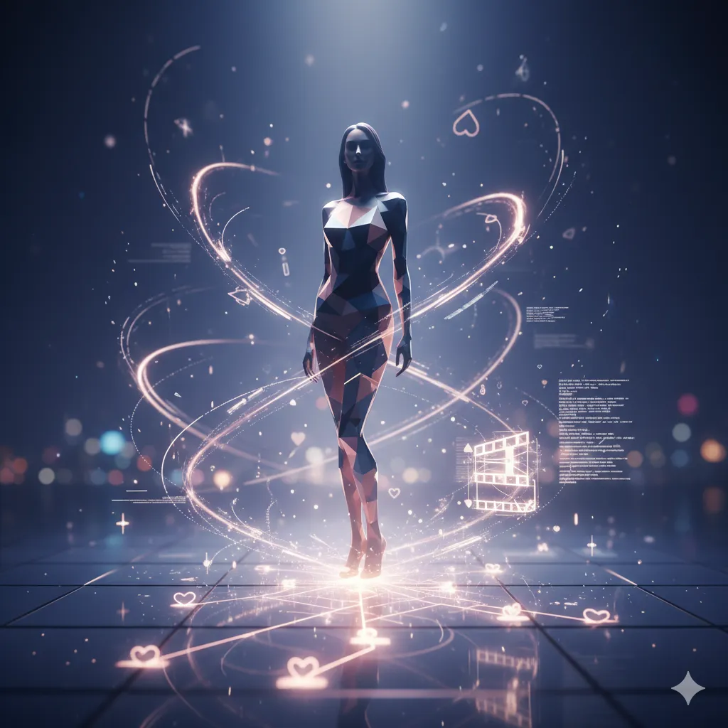 スタイリッシュな女性のシルエットを中心に、輝く光のラインとハートのアイコンが旋回する抽象的なデジタルアート。背景にはぼやけた都市の夜景が広がり、全体的に洗練された未来的な雰囲気を醸し出している。