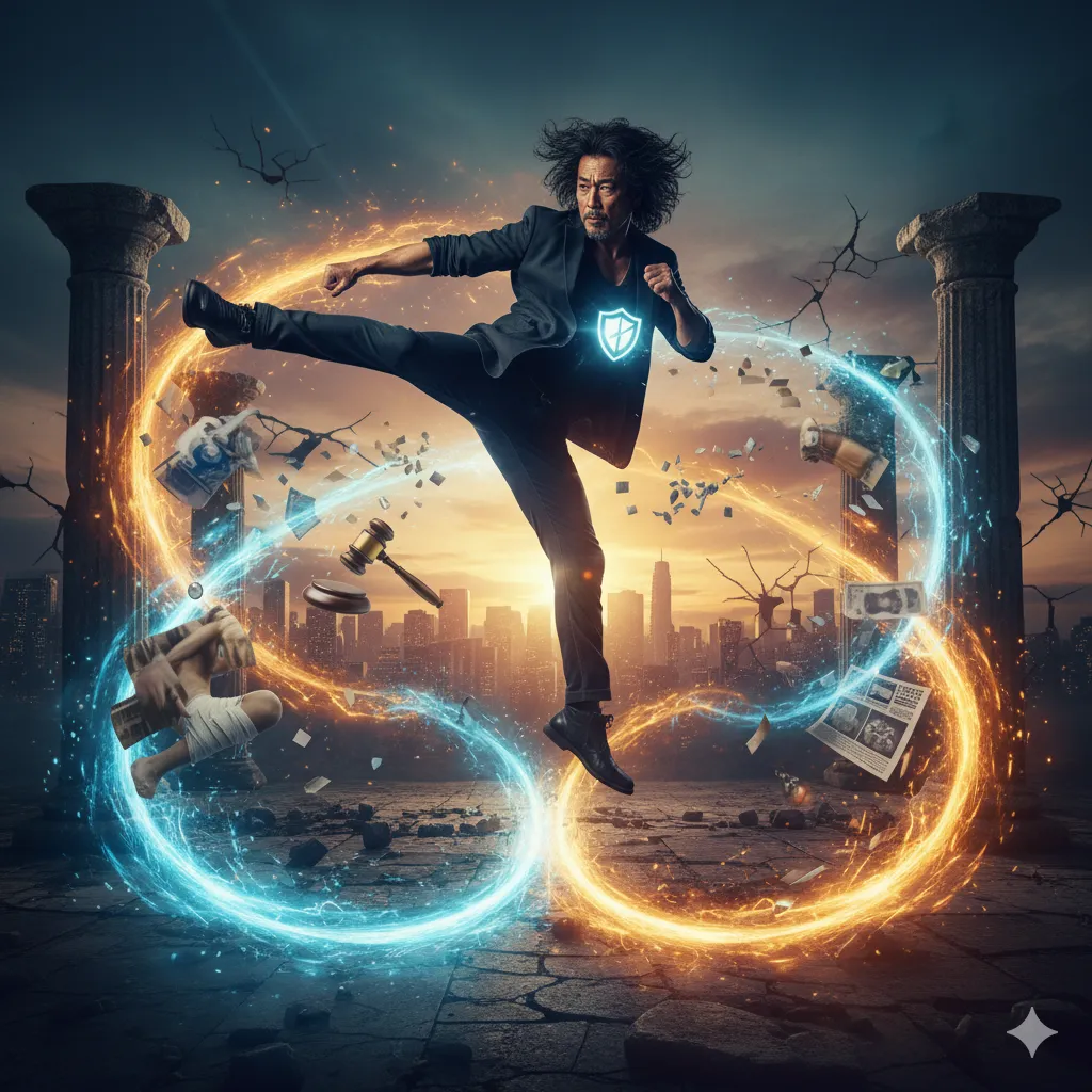 困難やネガティブな情報、トラブルを乗り越えて力強く前進する架空の人物像。背景には都市のシルエット、破壊された柱、情報やお金が渦巻く様子が描かれ、人物はシールドのエンブレムを胸に、力強い蹴りを繰り出している。