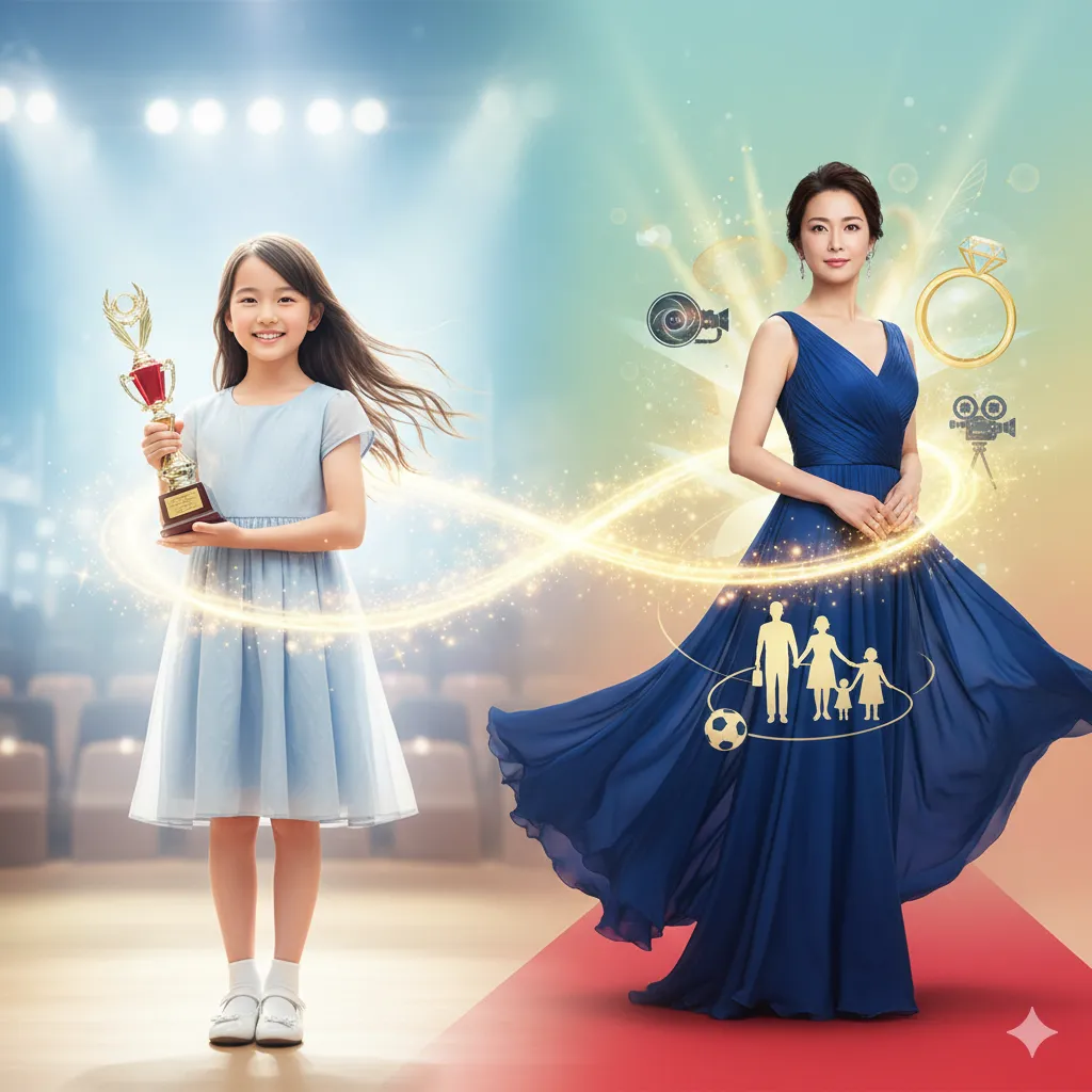 一人の少女がトロフィーを抱き、その右側には成長した女性がドレスをまとい、家族やキャリアを象徴するアイコンが描かれている。過去と未来の輝かしい軌跡を表現した抽象的なイメージ。