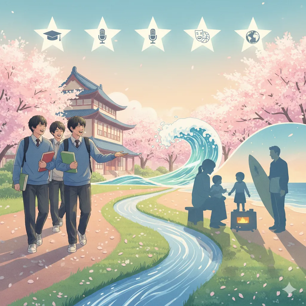 桜並木が広がる道を歩く3人の男子学生が笑顔で談笑している。道の脇には川が流れ、その先には日本の伝統的な建物が見える。空には卒業帽、マイク、星、演劇のマスク、地球のアイコンが並び、学生たちの多岐にわたる活動や将来を示唆している。右側には波打ち際でサーフボードを持つ男性と、子供と母親が語らっている情景が描かれている。全体的に明るく穏やかな色彩で統一されている。