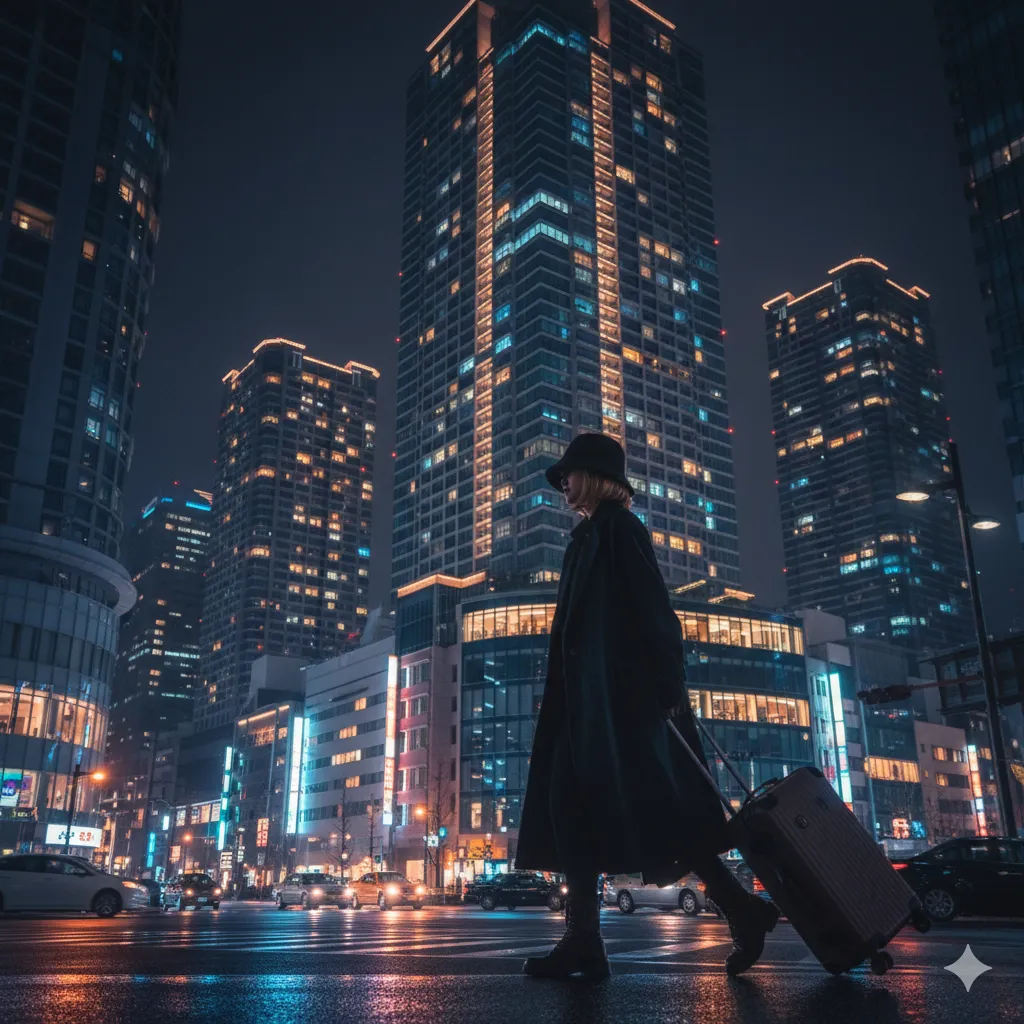 夜の大阪の街並みを背景に、きらめく高級タワーマンションの窓に光が灯る様子と、その手前を足早に歩く帽子の人物のシルエット。