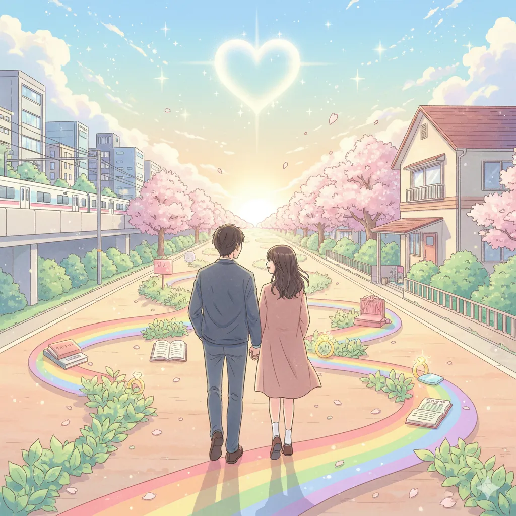 代替テキスト: 桜並木の道を歩くカップルと、彼らの人生の道筋を描いたイラスト。道には本、舞台、指輪のモチーフが散りばめられ、空にはハートが描かれている。左手には電車が走る街並みが、右手には一軒家が見える。