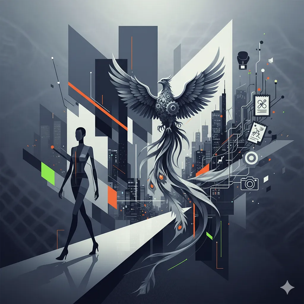 都会的な背景の中に、モデルのような体型の人物と、翼を広げたフェニックスが描かれている。全体的にモノトーンで統一され、部分的にオレンジやグリーンのアクセントカラーが施されている。人物は自信に満ちた足取りで前を向き、フェニックスは力強く羽ばたいている。背景には高層ビル群のシルエットや、ネットワークを示すような抽象的なラインが描かれている。