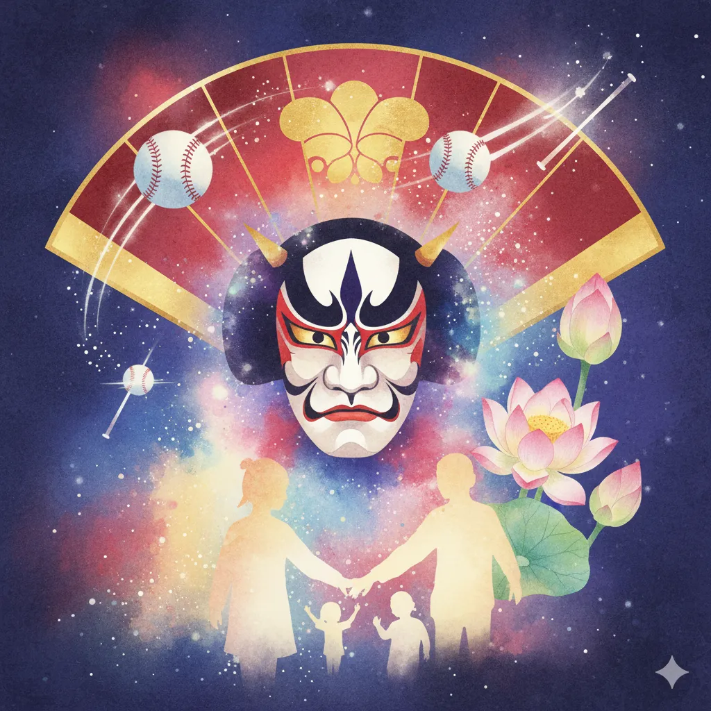 歌舞伎役者・尾上松也さんの多様な顔と結婚観を象徴する抽象画。歌舞伎の隈取と扇、野球のボール、蓮の花、そして未来の家族像が幻想的に描かれている。