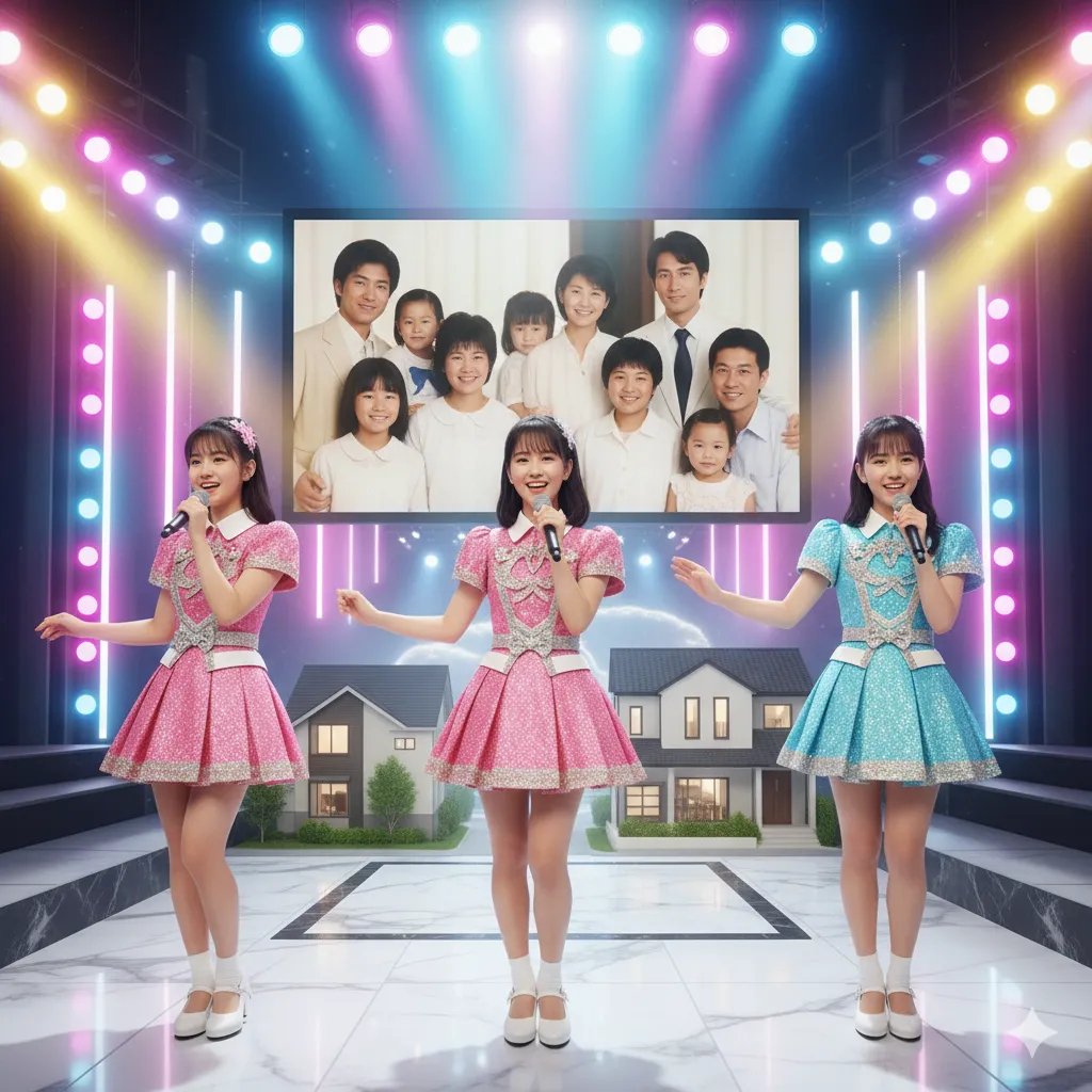 華やかなステージで歌う3人組の女性アイドルグループ。背景の巨大スクリーンには仲睦まじい家族写真が映し出されており、足元には現代的な住宅が合成されている。色とりどりのスポットライトがステージを照らし、アイドルの夢と家族の温かい支え、そして理想の家庭を象徴している。