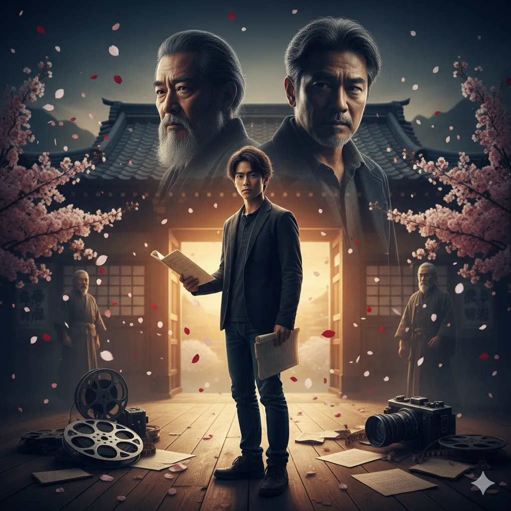 日本の伝統的な家屋を背景に、若手俳優が台本を手に立つ姿。彼の上には年配の俳優2人の顔が抽象的に描かれ、周囲には桜の花びらが舞い、映画フィルムやカメラの機材が散らばっている。中央の若手俳優は自信に満ちた表情で前を見据えている。
