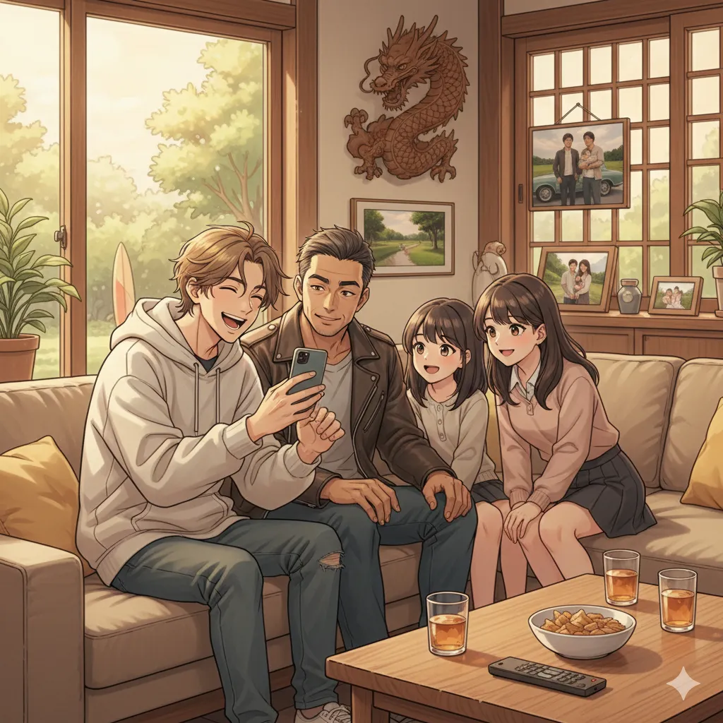 リビングでくつろぐ、親世代と子世代の4人家族。父親と思われる男性は少し厳格そうな雰囲気だが、リラックスした表情で息子がスマホで見せる画面を覗き込んでいる。娘と母親と思われる女性は笑顔でそれを見守っている。