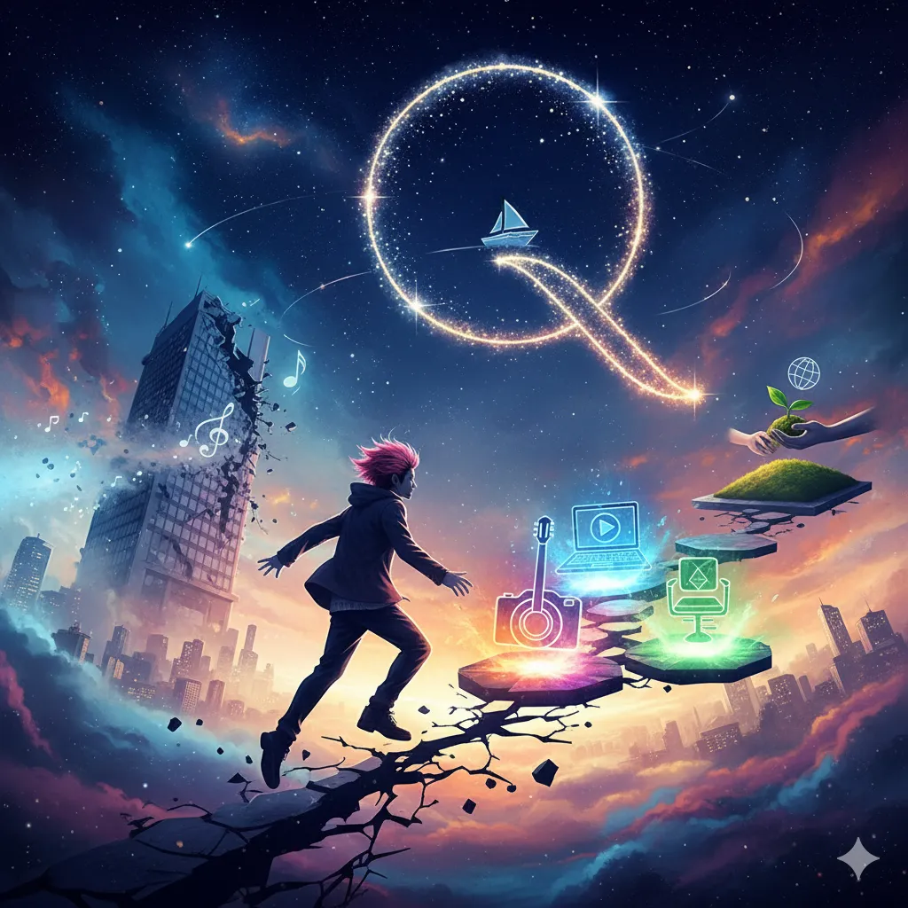 崩壊した高層ビル群と夜空を背景に、一人の人物がカラフルな光を放つ飛び石の上を駆け上がっていく様子。飛び石の上にはギター、PC、椅子のアイコンがそれぞれ描かれ、上空には星屑で描かれた「Q」の文字とヨットが輝いている。遠くのビルからは音符が立ち上り、別の手のひらには小さな地球と芽吹いた植物が描かれている。