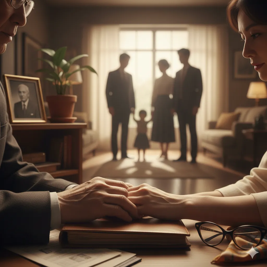 夫婦が手を取り合い、その背景には家族のシルエットが暖かな光の中に浮かび上がる部屋の風景。テーブルには本や眼鏡が置かれ、過去と現在、そして未来への家族の繋がりを象徴している。