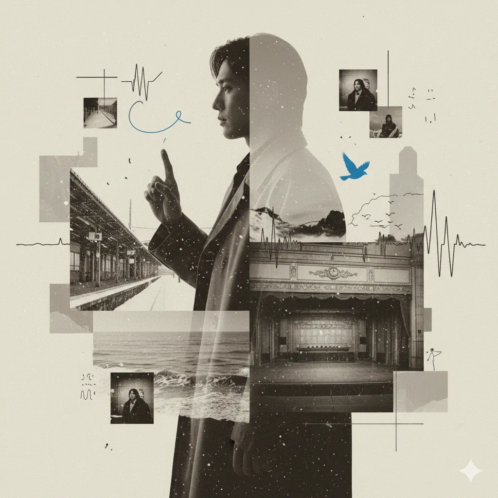 若い頃の俳優の姿を中心に、手話の指の形、雪が降る駅のホーム、波打ち際、劇場の舞台、青い鳥のシルエットなど、彼の人生の重要な要素がコラージュされた抽象的なイメージ。