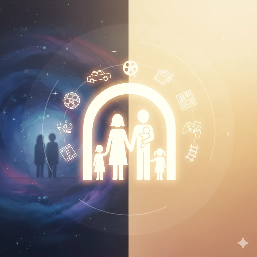 多様な趣味を持つ家族のイメージと、そこから派生する異なるライフスタイルや価値観が調和した様子を表す抽象的なイラスト。左側には宇宙や映画フィルム、車などの趣味が描かれ、右側にはゲームや鉄道、台本などの趣味が描かれている。中央には、家族のシルエットがアーチ状に配置され、その周りには様々なアイコンが散りばめられている。