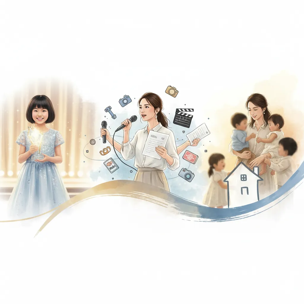 上戸彩さんの芸能界でのキャリアとプライベートの変遷を表現したイラスト。左側には幼い少女がステージ上で審査員特別賞のトロフィーを持ち、笑顔で立っている。中央にはマイクを持ち、様々なアイテムに囲まれて多忙に活動する若い女性。右側には子供たちと幸せそうに過ごす母親の姿と家のイラストがある。全体として、彼女の成長とライフスタイルの変化が描かれている。