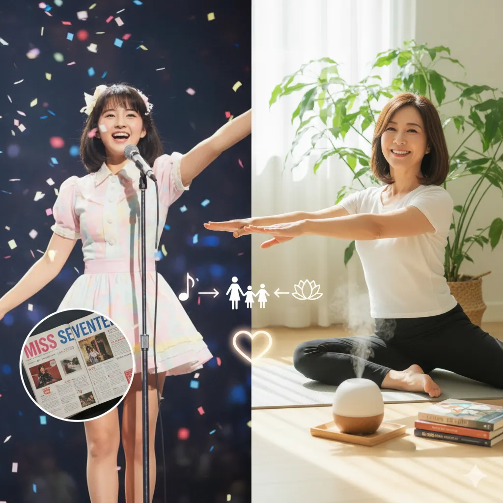 10代のアイドル歌手がステージで歌い、その隣には自宅でピラティスをする50代の女性の姿がある。過去の雑誌記事と、人生の変遷を示すアイコンが添えられている。