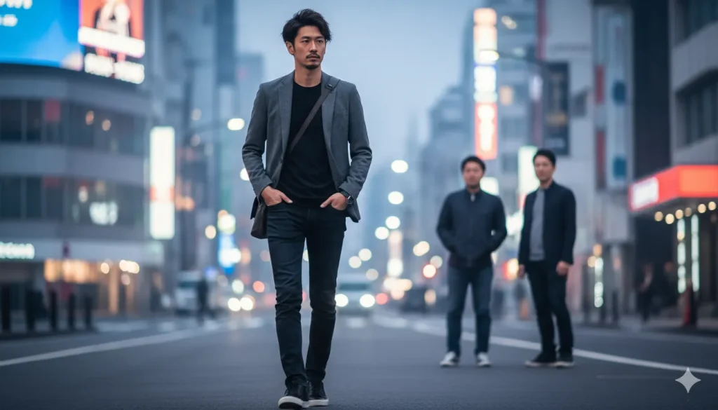 都会の街路を歩く日本人男性。背景にはぼやけた街の明かりと高層ビルが並び、彼の自信に満ちた佇まいが際立っている。