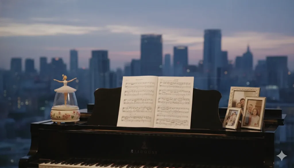 都心の夕景を背景に、グランドピアノの上に、バレリーナの人形が収められたオルゴール、楽譜、そして家族写真の額縁、現代的なタブレットが配置されています。
