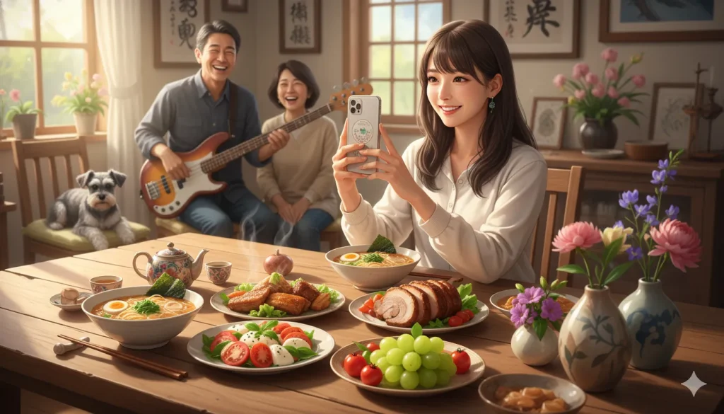 豪華な手作り料理が並ぶ食卓で、スマートフォンを構えて笑顔を見せる女性。奥にはギターを弾く男性と、それを見守る女性、そして犬がおり、温かい家族の時間を過ごしている様子。