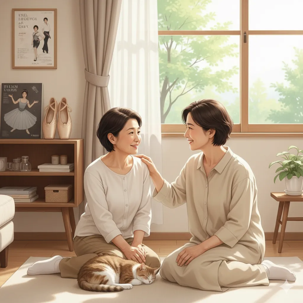 穏やかな日差しのリビングで、座って会話する二人の日本人女性。一人は年配で、もう一人は若い。彼女たちの間には猫がいて、壁にはバレエのポスターが飾られている。