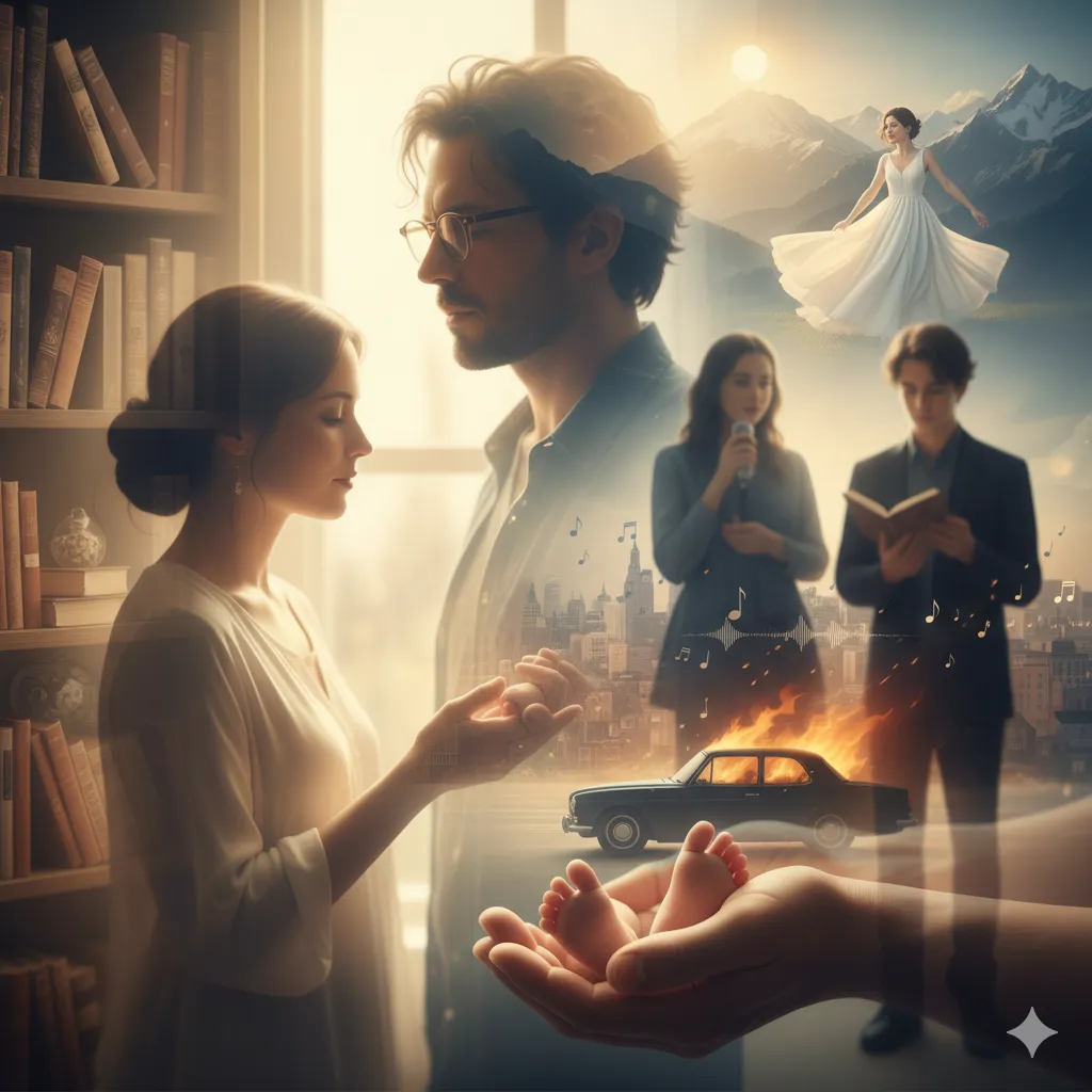 家族の絆と人生の道のりを描いた抽象的なコラージュ画像。手前に日本の架空の男女が手を取り合っている様子が二重露光で表現され、背景には老舗の書店の本棚、燃える車、歌を歌う女性、本を読む男性、白いドレスの女性、そして赤ちゃんの足を持つ手がコラージュされている。