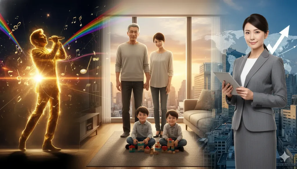 郷ひろみさんの人生を象徴するコラージュ画像。左側には情熱的な光を放つダンサーのシルエットがあり、右側には都会のビル群を背景にタブレットを持つビジネスウーマンが描かれています。中央には穏やかな表情で手をつなぐ夫婦と、その足元でブロック遊びをする双子の子供たちがいます。全体の構図は、アーティストとしての輝かしいキャリア、実業家として成功した元妻、そして現在の安定した家庭生活と子育てを表現しています。