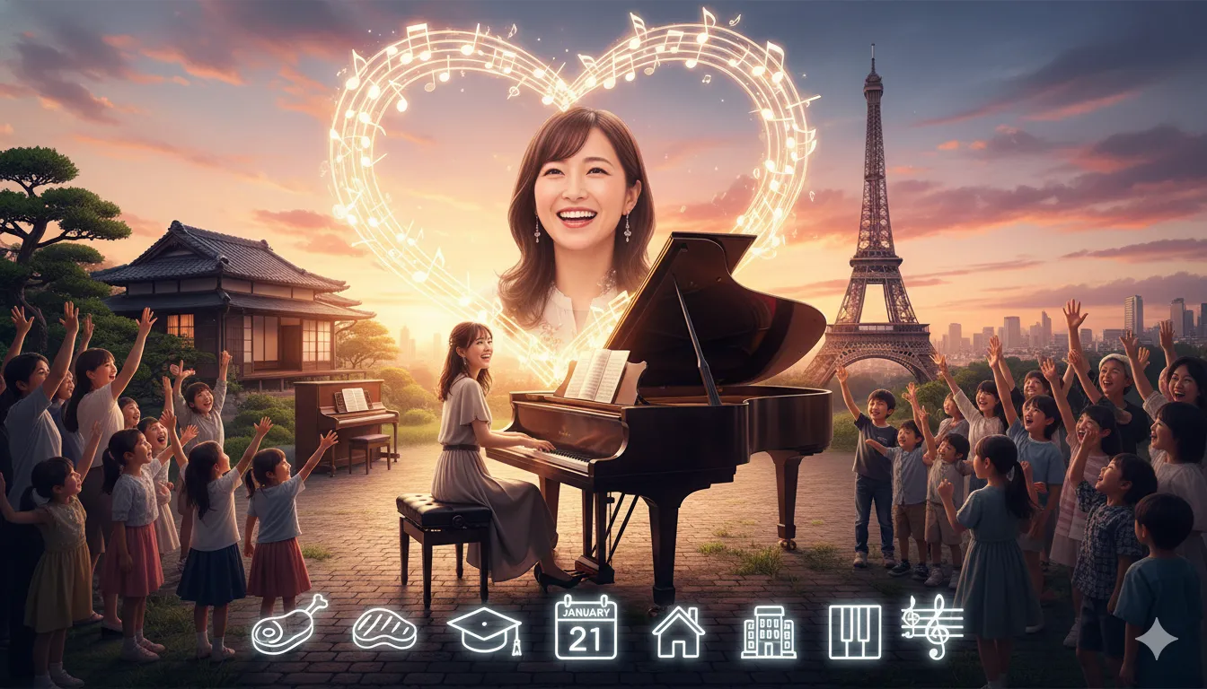 ポップスピアニストを想起させる女性がピアノを演奏しており、その周りには多くの観客と、笑顔の女性の顔、エッフェル塔、和風の家が描かれている。さらに音符がハート型に配置され、焼肉、卒業証書、カレンダー、家、ビル群、ピアノ、音符のアイコンが描かれている。