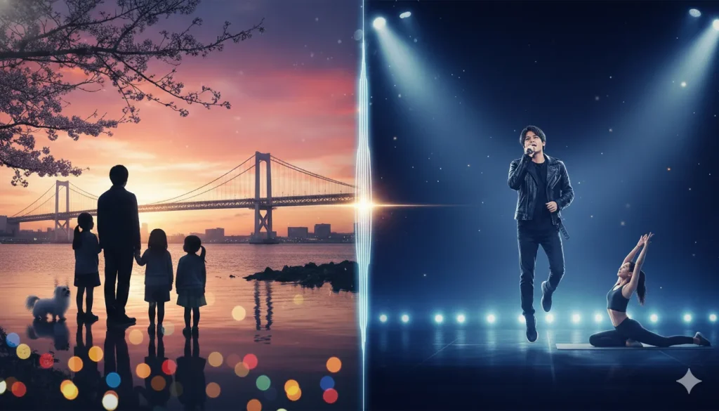 橋本涼さんの人生の歩みと家族、そして新たな挑戦を表現したコラージュ画像。左側は家族との絆や幼少期の夢を象徴する、桜並木と橋のある水辺の風景。右側は新たなグループでの活動や、取得した免許、フィットネスに励む姉、そしてカニのエピソードを象徴するステージ上のパフォーマンスと関連アイテムが描かれている。中央には二つの世界を分ける光の線がある。