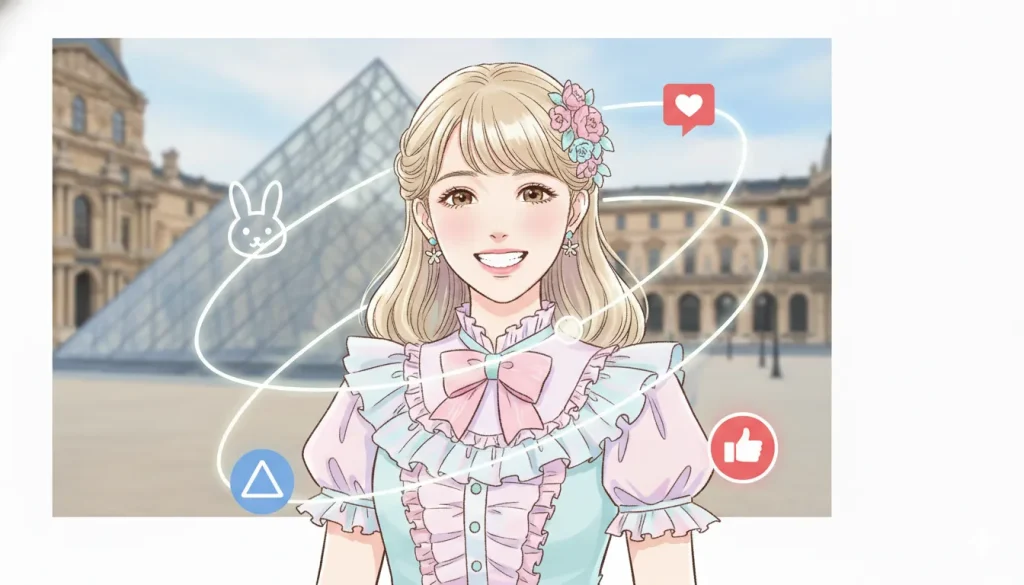 中央に淡いピンクと水色のフリル付き衣装を着た、笑顔で前歯を見せる女性のアイドルが描かれている。彼女の周りには、うさぎの顔、ハートの吹き出し、親指を立てたマーク、三角形のロゴが白い光る線で円を描くように配置されている。背景には、ルーブル美術館のガラスピラミッドと建物がイラスト調で描かれている。