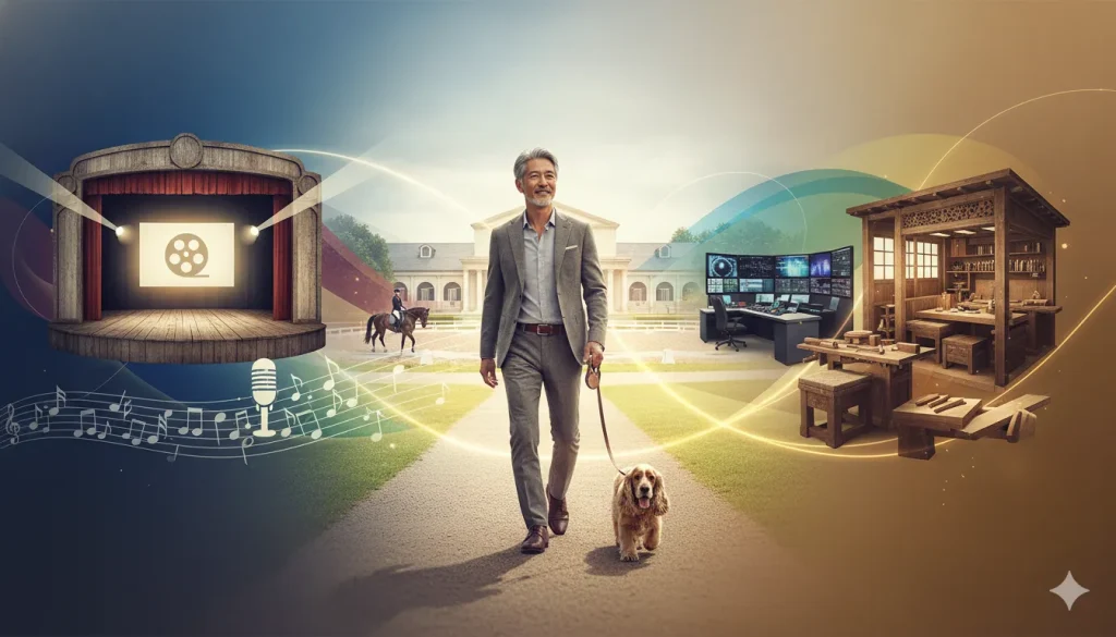 白髪のダンディな男性が愛犬と散歩する姿を中心に、その周囲に舞台、馬術、テレビ局のオフィス、木工所といった異なる活動分野を象徴する要素が配置されている。全体的に明るい色彩で構成され、男性の充実した人生を表現している。