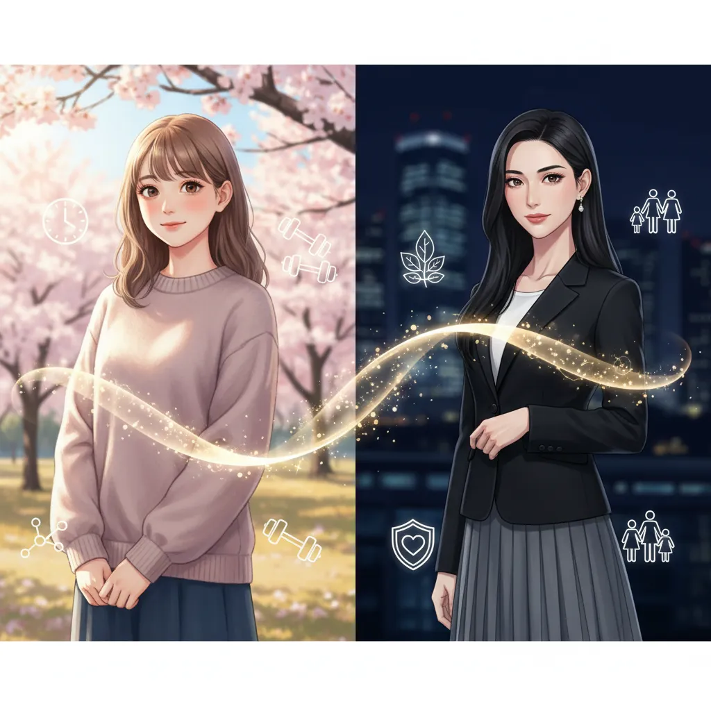 日本人女性のビジュアルの変化を左右で表現した画像。左側には桜を背景に柔らかな雰囲気の若い女性が立っており、周囲には時計、ダンベル、分子構造のようなアイコンが浮かんでいます。右側には夜景を背景にシャープで洗練された雰囲気の女性が立ち、周囲には葉、盾、家族を表すアイコンが浮かび、両者の間には光の波が描かれています。
