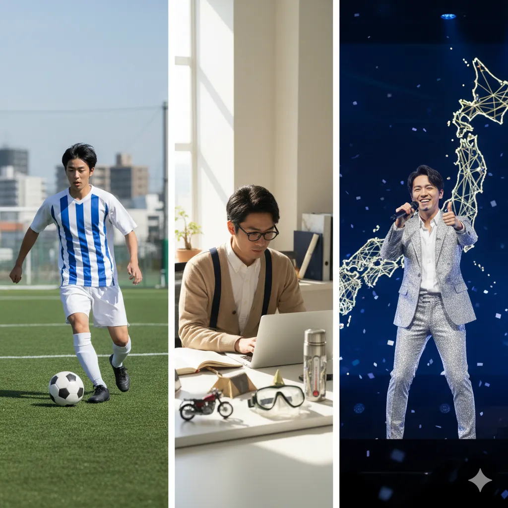 サッカーユニフォームを着てボールを蹴る学生、オフィスでパソコンに向かうビジネスパーソン、ステージで歌うアイドルがそれぞれ縦長の区画に配置された3連の画像。