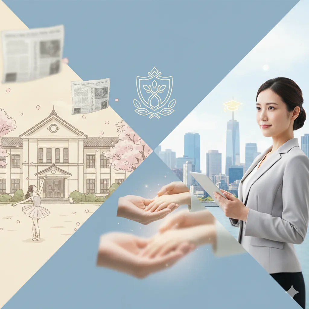 桜が舞う学校、バレエを踊る少女、手を差し伸べる親子、そして都会のビル群を背景にタブレットを持つキャリアウーマンの姿を組み合わせたコラージュ画像。これら四つの要素が「データβ」で語られる教育、家族、成長、自立といったテーマを象徴的に表現している。