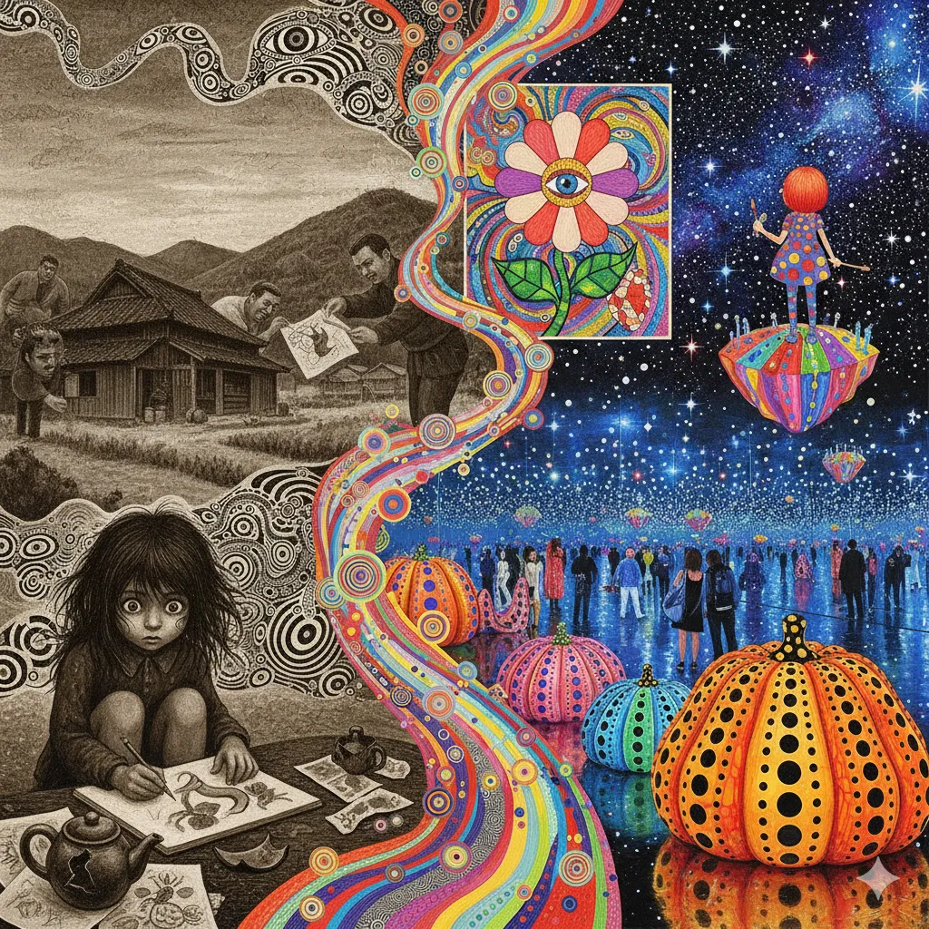 幼少期の白黒の記憶から色彩豊かな現代アートの世界へと続く、草間彌生のような芸術家の人生と作品の変遷を表現した幻想的なコラージュ。