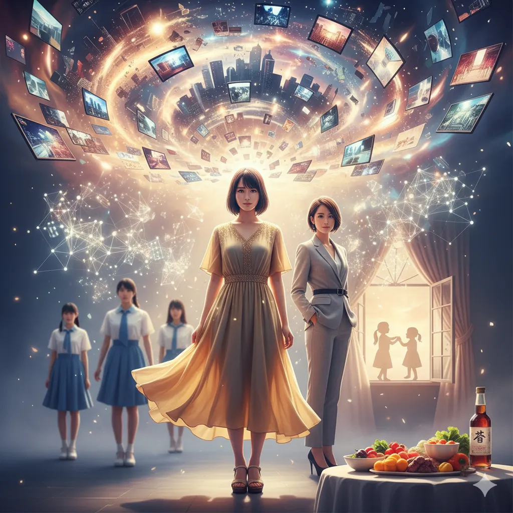 前田敦子のアイドル時代から女優としての現在までを象徴する、様々な表情とキャリアの進化を表現した抽象的なイメージ。中心には大人になった女性が立ち、背後にはアイドル時代の制服を着た少女たちが、未来を映し出すかのような光の都市と無数のデジタルスクリーンに囲まれている。手前には健康的な食事が並び、窓の外には子供たちの影が描かれている。