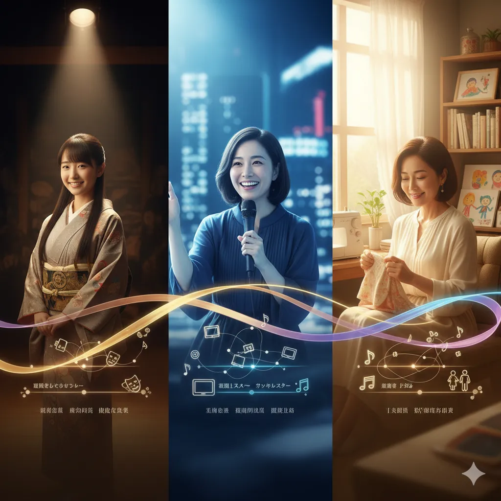 和装の若い女性がスポットライトを浴びる舞台、マイクを持ち笑顔で話す女性、ミシンで裁縫をする女性の3つのシーンが融合した画像。それぞれのシーンに合わせたアイコンが周りに描かれ、キャリアとプライベートの充実を表現している。