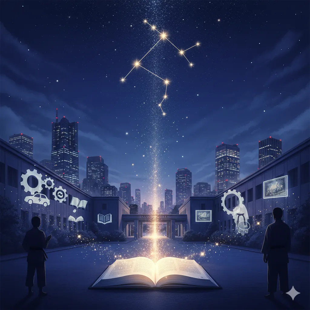 :夜空に北斗七星が輝く都市の風景。手前に開かれた本があり、そこから光が北斗七星へと伸びている。本の両脇には空手着を着た二人の人物が立ち、背景の建物には歯車、車、本、絵画などのアイコンが浮かんでいる。