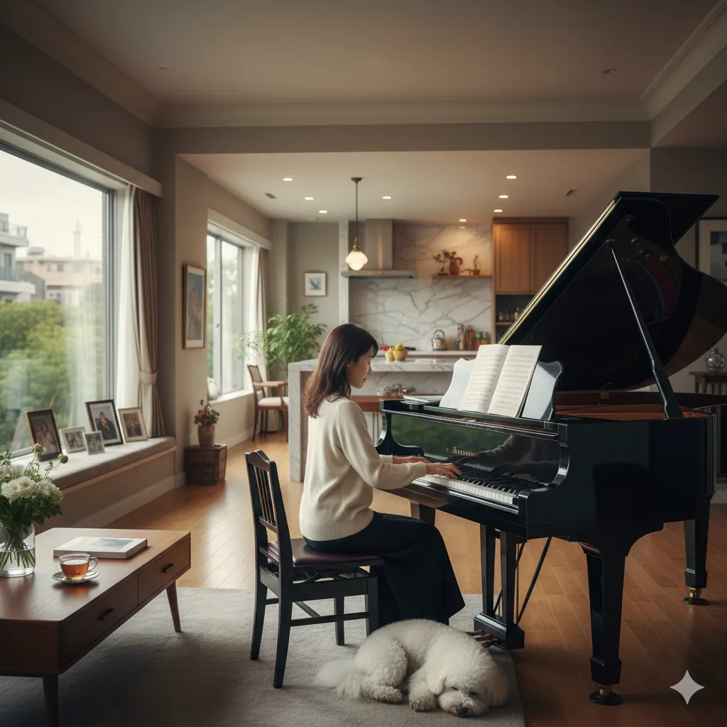 広いリビングでグランドピアノを弾く女性の横で、白い犬が気持ちよさそうに寝ている。窓からは豊かな緑が見え、部屋の奥にはキッチンが広がる。テーブルには本と紅茶が置かれ、穏やかな時間が流れている。