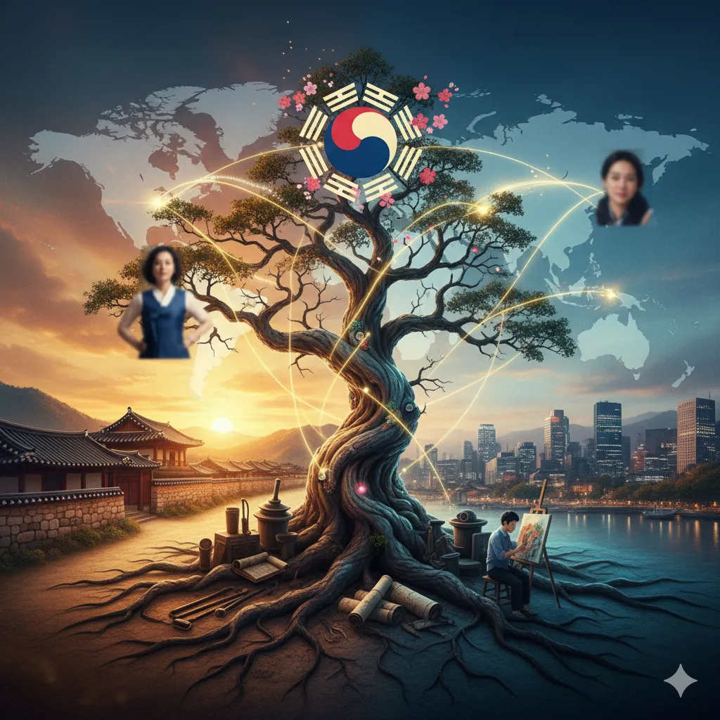 雄大な樹木を中心に、そのルーツと現代、そして未来への広がりを表現した抽象的なイメージ。韓国の伝統的な家屋と現代的な都市の風景が共存し、世界地図を背景に、家族の絆と個人の活動が光の線で繋がっている様子を描いている。樹木の根元には学問や芸術を象徴する道具が配置され、一人の人物が絵を描いている。樹木の枝には韓国の国旗と桜の花のモチーフが配されている。