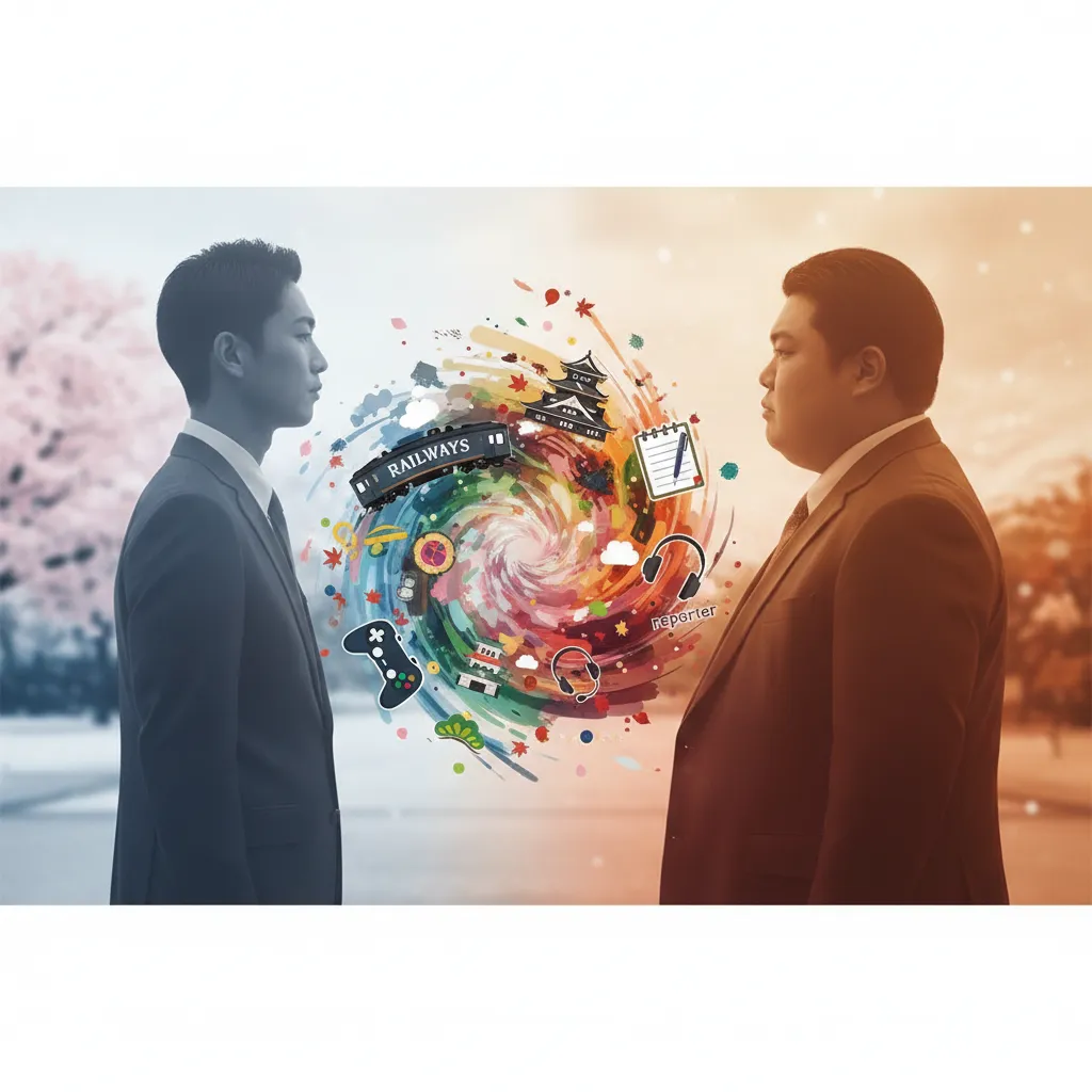 三浦貴大さんのデビュー当時と現在の体型変化、そして役作りへの情熱や私生活を象徴する、抽象的な要素を盛り込んだイメージ。