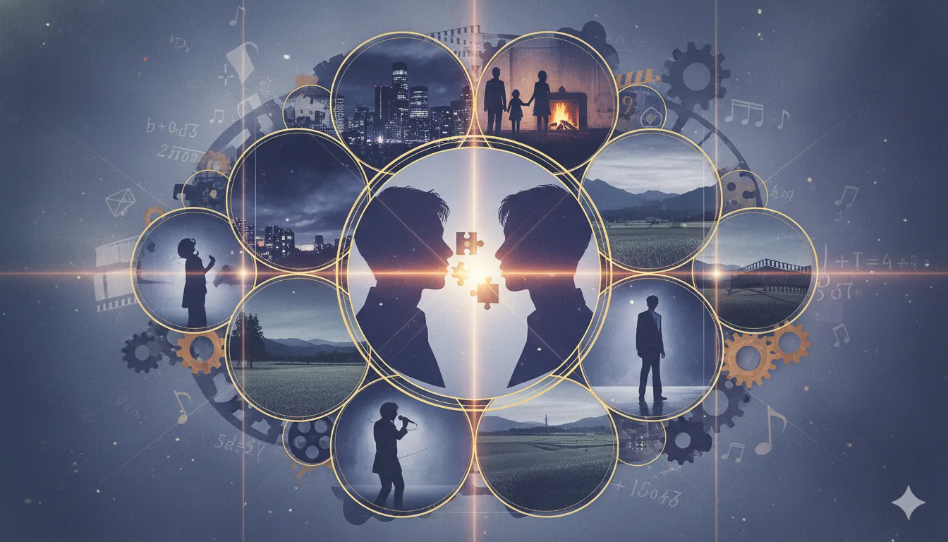 複数の円形のフレームに収められた様々な人生の場面が、歯車や数式、音符のモチーフと共に配置された抽象的なコラージュアート。中央には向き合う二人の人物のシルエットがあり、その間にはパズルのピースが光り輝いている。家族、都市の夜景、自然の風景、マイクを持つ人物、ランウェイを歩く人物などが描かれており、夢や人生、人間関係の複雑さを象徴している。