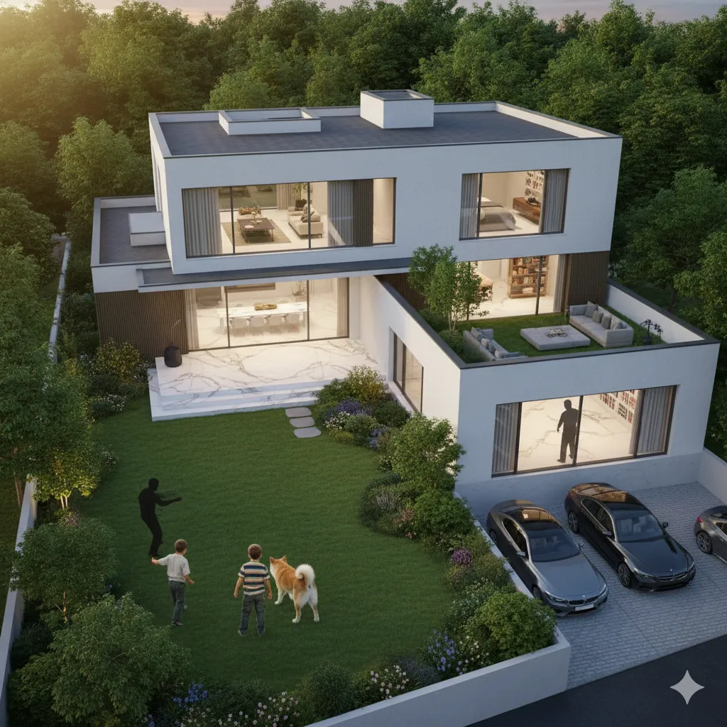 広々とした芝生の庭を持つモダンな一軒家で、父親らしき人物と二人の子供、そして犬が遊んでいる様子を上空から捉えた画像。家は大理石のテラスや大きな窓、バルコニーが特徴的で、周囲には豊かな緑が広がっている。夕日が差し込む穏やかな雰囲気で、家族の温かさを感じさせる一枚。