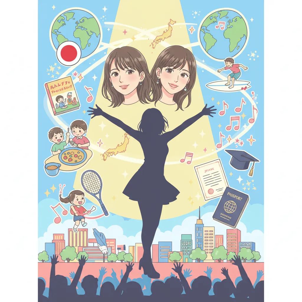 仲川瑠夏さんの人生とキャリアを象徴する要素が描かれたイラストです。中央には人物のシルエットがあり、その周りには日本地図を中心に、アイドルとしての活動、幼少期の思い出、留学経験、趣味などがカラフルなタッチで表現されています。右下にはパスポートや卒業証書があり、英語力や学業への取り組みを象徴しています。左上には子供向けの絵本や雑誌のようなイラストがあり、子役モデルとしての経歴を示唆しています。テニスラケットやサーフボードは、学生時代の部活動や家族との趣味を表現しています。全体的にポップで明るい雰囲気で、彼女の多岐にわたる魅力と活動を視覚的に伝えています。