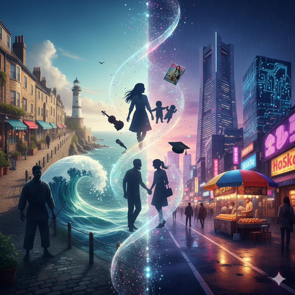 国際的なルーツを持つ女性の人生の旅路を表現した抽象的な画像。海辺の町と都会の風景が融合し、家族の絆、キャリア、結婚などの重要な瞬間が象徴的に描かれている。