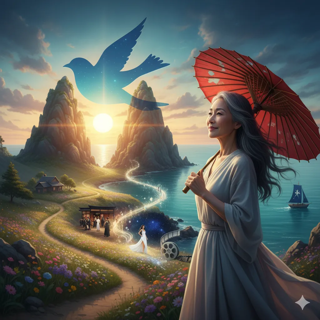 夕焼けを背景に、海岸線に沿って続く小道を辿る人生の旅路。空には青い鳥が舞い、女性が赤い傘を手に微笑む。 旅路の先には、過去の出来事を象徴する小さなシーンが描かれている。